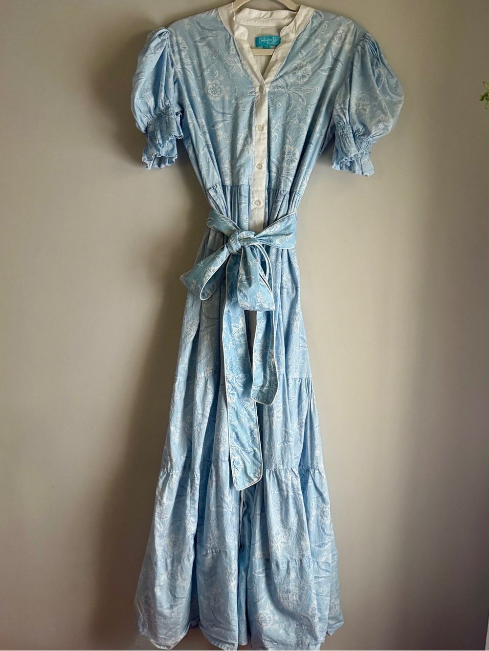 Darlington Isle Blue Floral Puff Sleeve Button Front Maxi Dress Belted Tiered LG